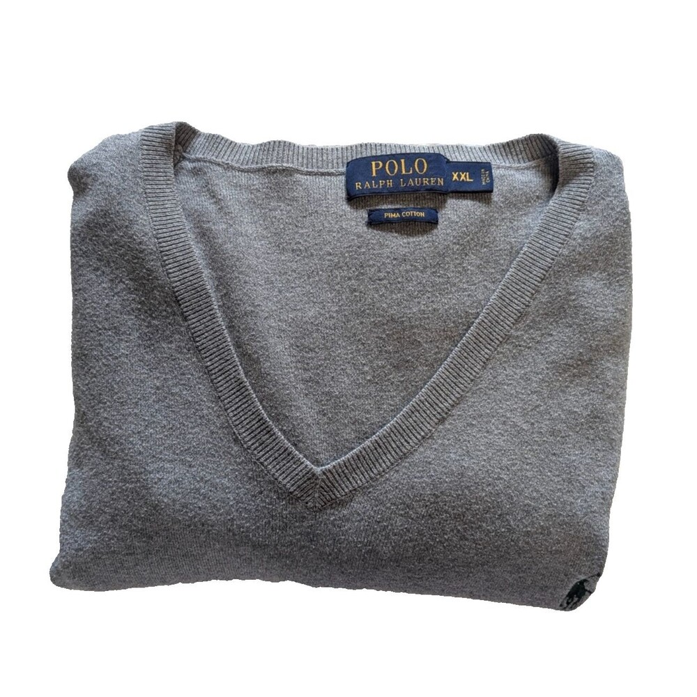 Polo Ralph Lauren Men’s 2XL Sweater Gray Pima Cotton V Neck Pullover Sweater